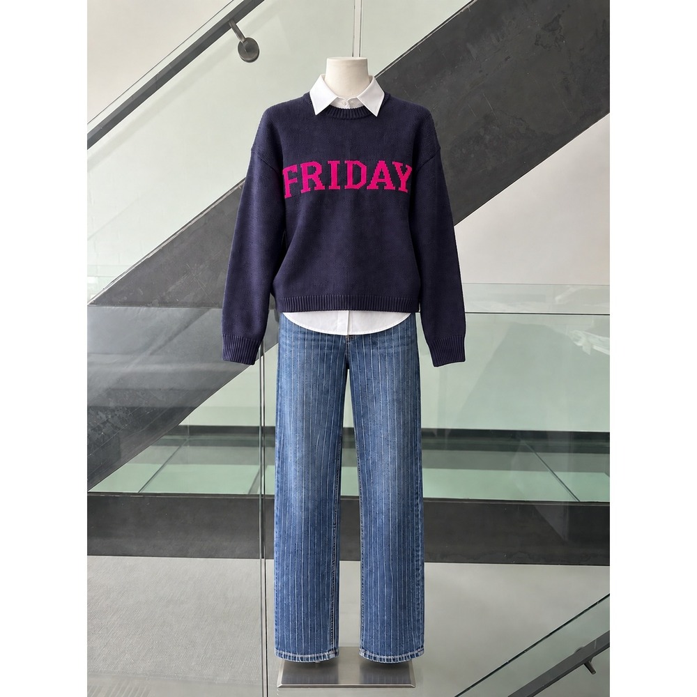 English Factory Navy Blue Friday Graphic Knit Crewneck Sweater Pink Lettering XS